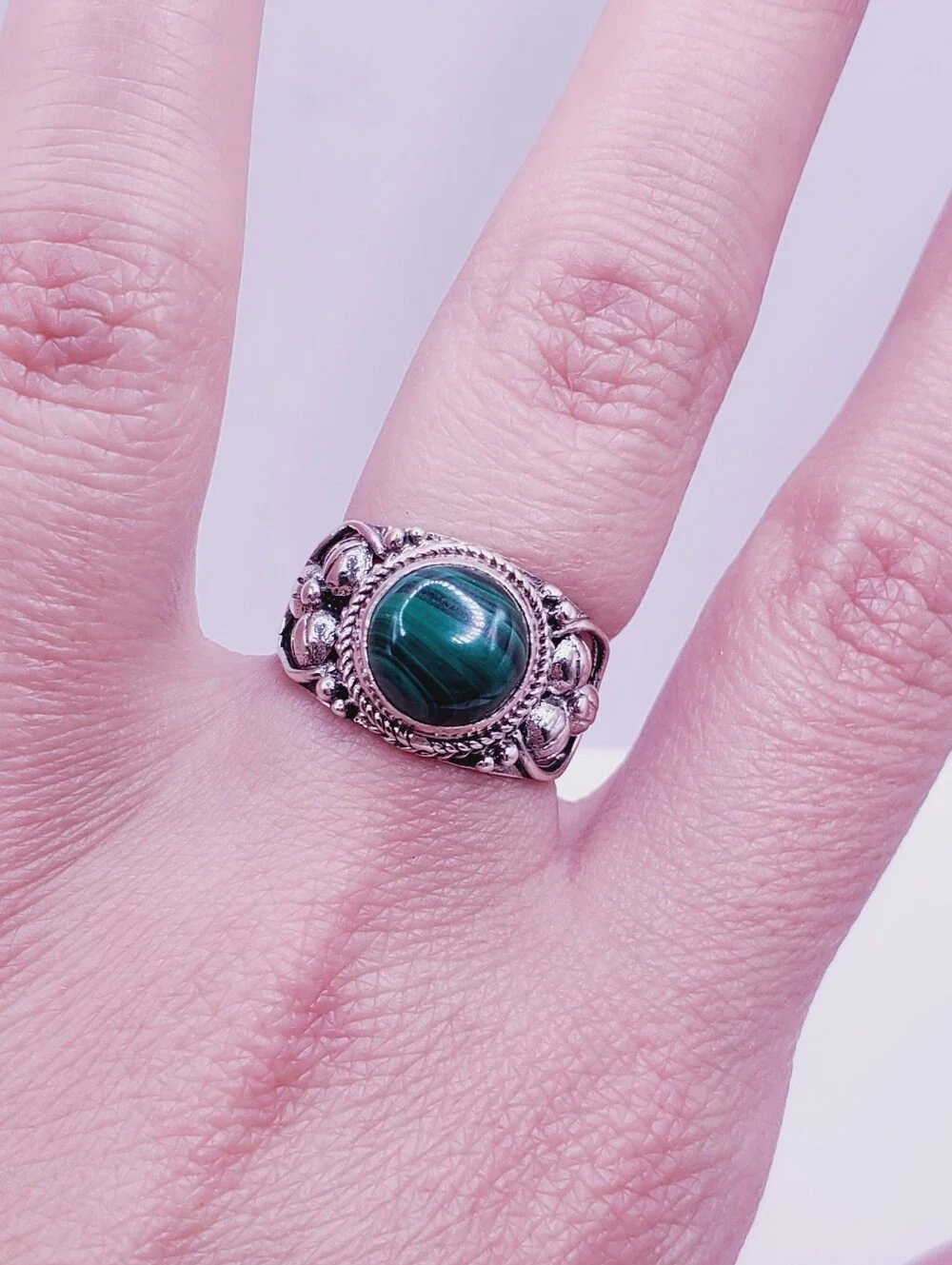 3.5 Carat Green African Malachite 925 Sterling Silver Statement Artisan Ring